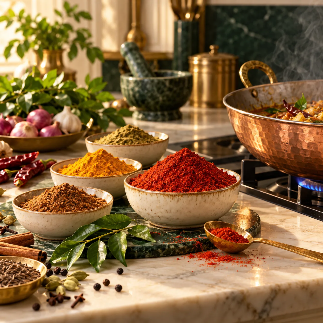 Rich masala powders and spices ready for cooking